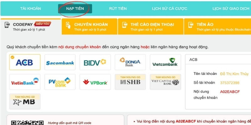 Hướng dẫn nạp tiền Five88